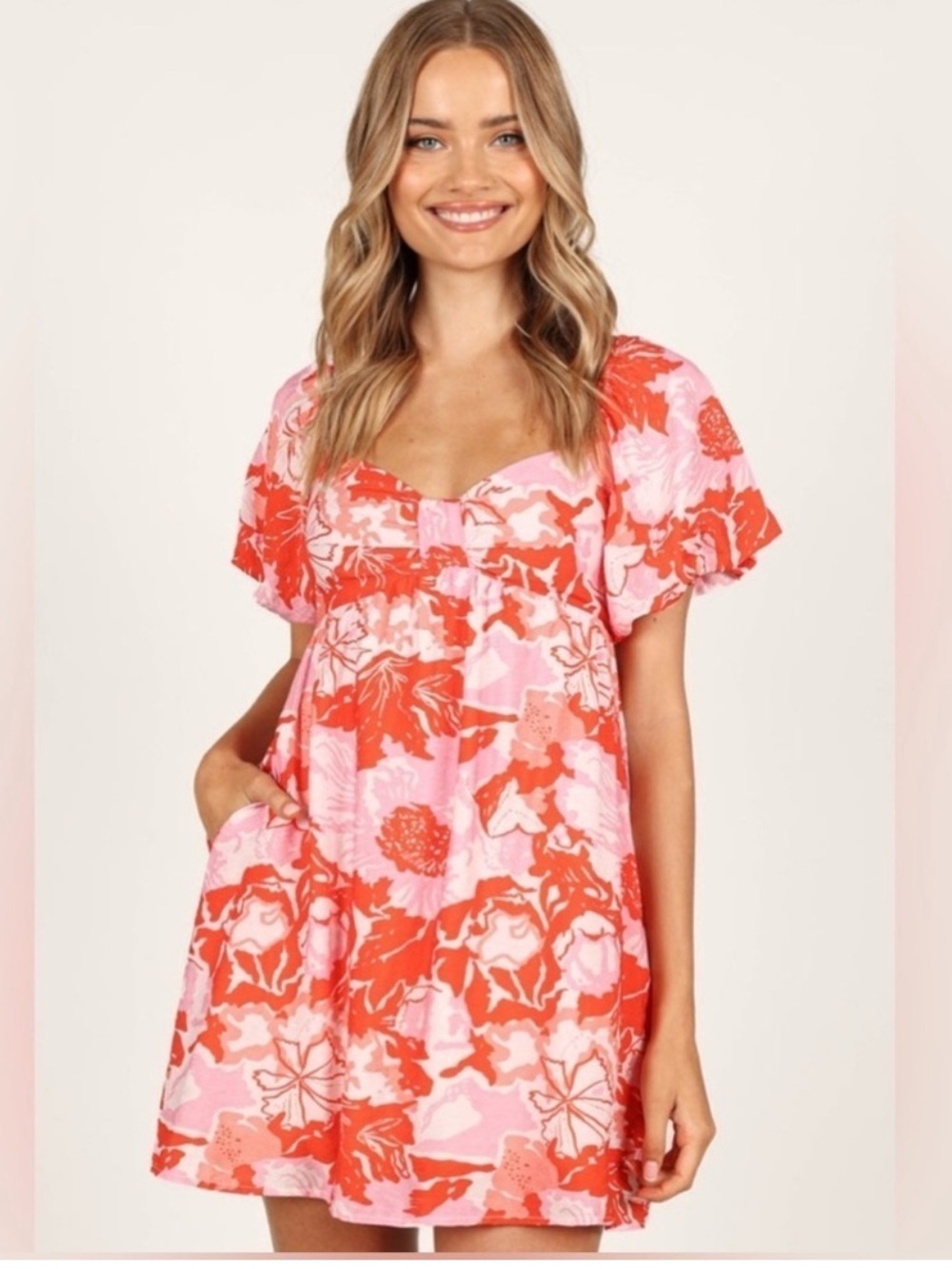 Petal and Pup Maggie Print Puff Sleeve Mini Dress Red Pink Floral Size Large